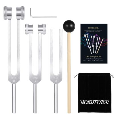 Tuning Forks for Healing Set (128Hz, 256Hz, 512Hz), Tuning Fork with Reflex Hammer for Healing/Frequency Instrument/Sound Therapy/Chakra/Yoga and Meditation Tools (Silvery), Stress Relief Gift