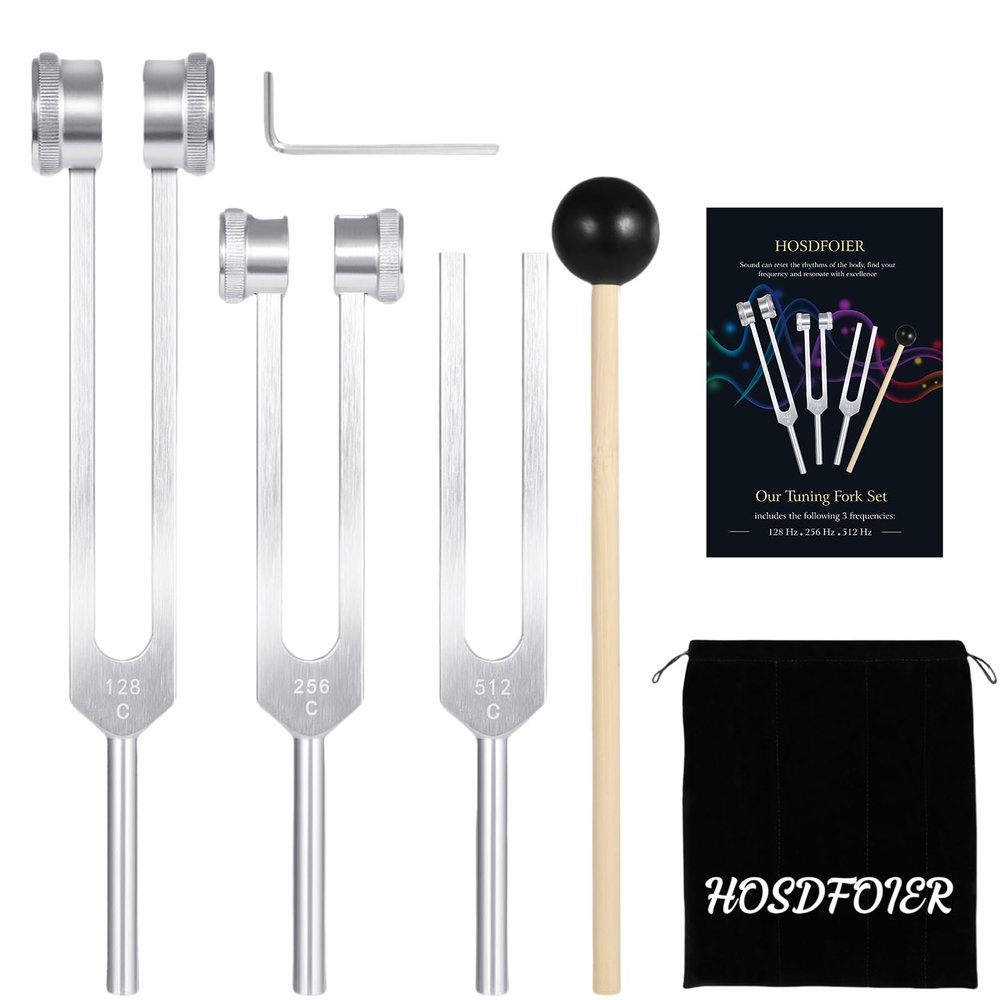 Tuning Forks for Healing Set (128Hz, 256Hz, 512Hz), Tuning Fork with Reflex Hammer for Healing/Frequency Instrument/Sound Therapy/Chakra/Yoga and Meditation Tools (Silvery), Stress Relief Gift
