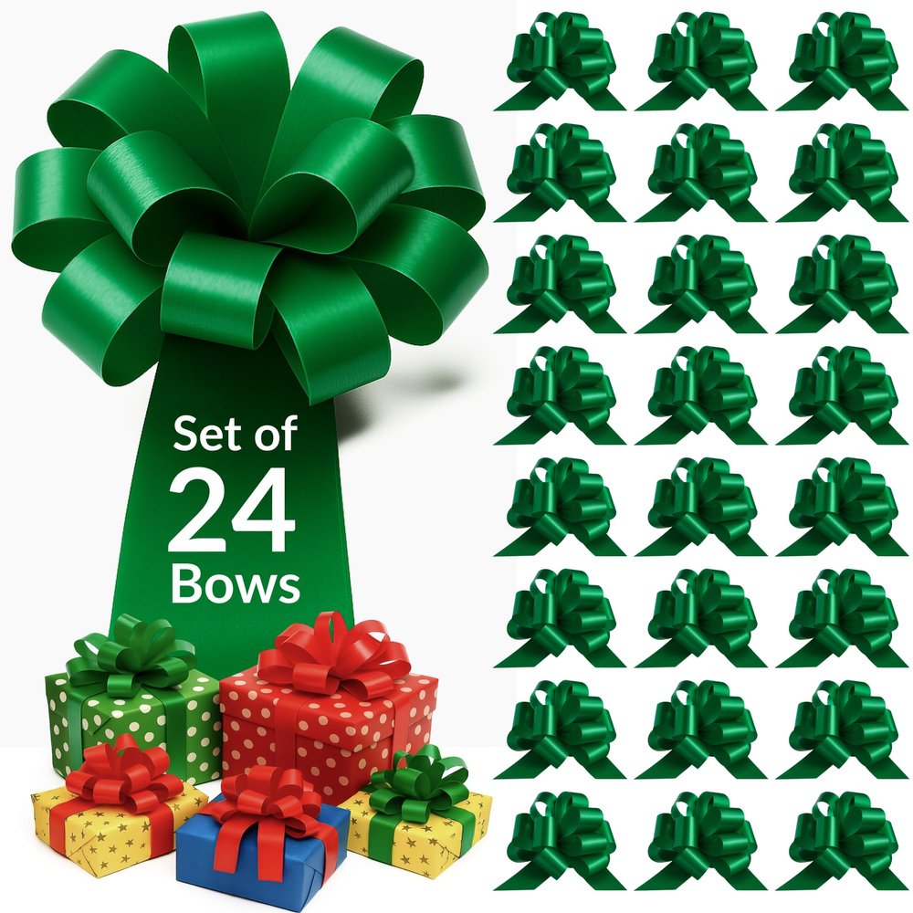 24 PCS of Eye-Catching Xmas Pull Bows for Easy Gift Wrapping with Ribbon - 5" Wide Wrap Bows for Christmas Tree Decoration, Holiday Dcor, Present Wrapping, Baskets, Birthday, Easter - Green Bows