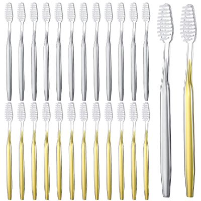 Remerry 100 Pack Prepasted Disposable Toothbrushes Individually Wrapped Bulk Pre Pasted Soft Bristle Tooth Brush Set Silver Gold Toothbrushes for Homeless Hotel Camping Travel