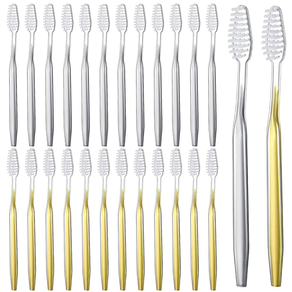 Remerry 100 Pack Prepasted Disposable Toothbrushes Individually Wrapped Bulk Pre Pasted Soft Bristle Tooth Brush Set Silver Gold Toothbrushes for Homeless Hotel Camping Travel