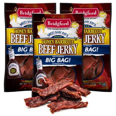 Bridgford Sweet Baby Ray's Beef Jerky Honey BBQ 10 oz Pack of 3 - High Protein Jerky for Midday Energy Boost or Post Workout Snack - Naturally Smoked Ready to Eat Meat Snacks for on the Go Snacking