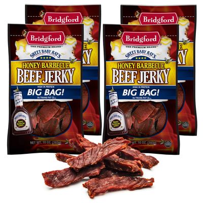 Bridgford Sweet Baby Ray's Beef Jerky Honey BBQ 10 oz Pack of 4 - High Protein Jerky for Midday Energy Boost or Post Workout Snack - Naturally Smoked Ready to Eat Meat Snacks for on the Go Snacking
