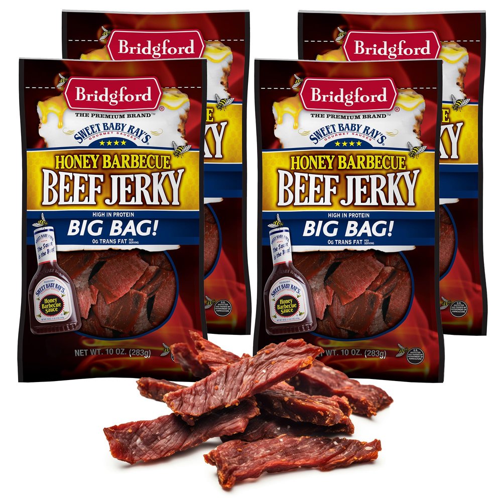 Bridgford Sweet Baby Ray's Beef Jerky Honey BBQ 10 oz Pack of 4 - High Protein Jerky for Midday Energy Boost or Post Workout Snack - Naturally Smoked Ready to Eat Meat Snacks for on the Go Snacking