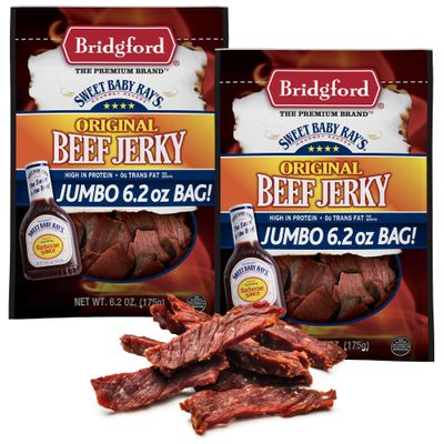 Bridgford Sweet Baby Ray's Beef Jerky Original 6.2 oz Pack of 2 - Healthy High Protein Beef Jerky for Your Dietary Preferences - Ready-to-Eat Snacks for On-The-Go Snacking and Busy Lifestyles