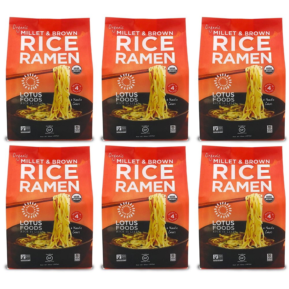 Lotus Foods Organic Millet & Brown Rice Ramen - Gluten Free Rice Ramen, Whole Grain Ramen Noodles, Low Sodium Rice Noodles, USDA Organic, Gluten Free, Vegan - 10 Oz Bags (Pack of 6)