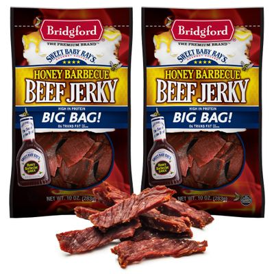 Bridgford Sweet Baby Ray's Beef Jerky Honey BBQ 10 oz Pack of 2 - High Protein Jerky for Midday Energy Boost or Post Workout Snack - Naturally Smoked Ready to Eat Meat Snacks for on the Go Snacking