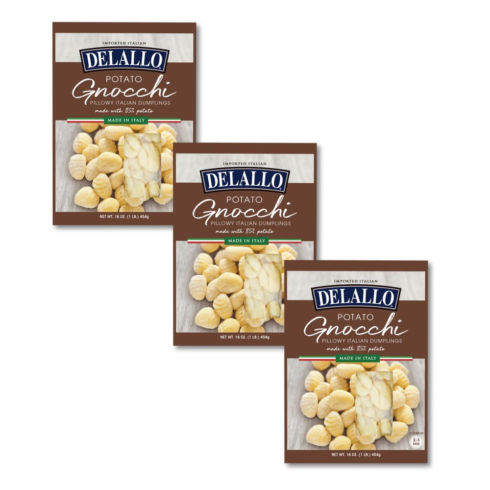 DeLallo Potato Gnocchi Pasta, Made in Italy, Light Pillowy Texture, Dumpling Pasta perfect for Sauces and Baked Dishes, Authentic Italian Recipe, Egg-Free, Kosher, Non-GMO, 16 oz Box, (3 Pack)
