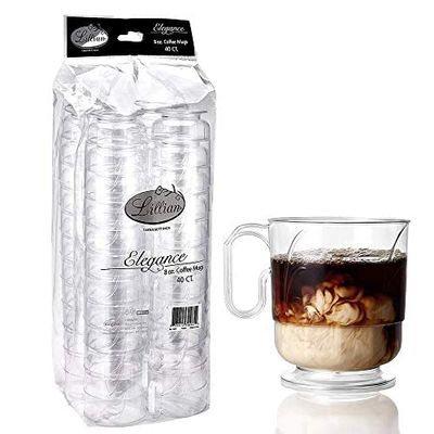Lillian Tablesettings Elegance 320 Pack 8 oz Heavyweight Disposable Clear Coffee Mugs with Handle, Plastic Tea & Hot Beverage Cups, Crystal Clear Drinkware for Parties & Catering