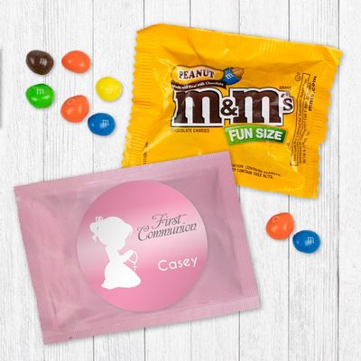 12ct Girl 1st Holy Communion Candy Party Favors Peanut M&M's Fun Size Chocolate (12 Pack) - Pink Foil - (3 x 4in)