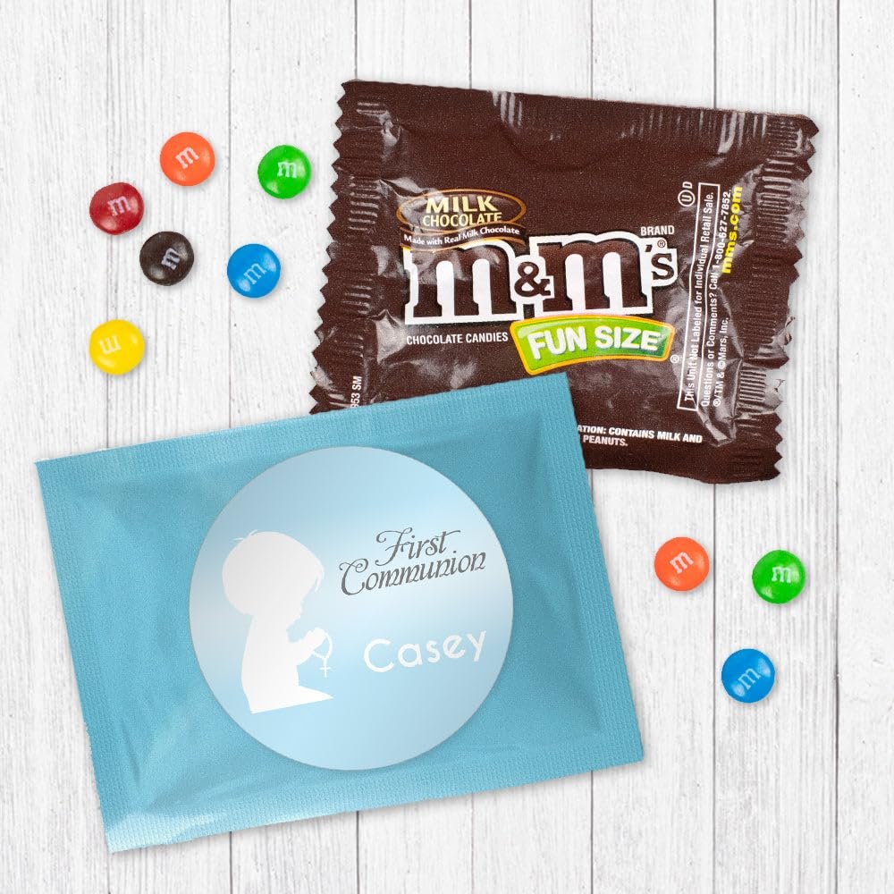 12ct Boy First Communion Party Favors M&M's Milk Chocolate Fun Size Candy Bag Giveaways (12 Pack) - Blue Foil - (3 x 4in)