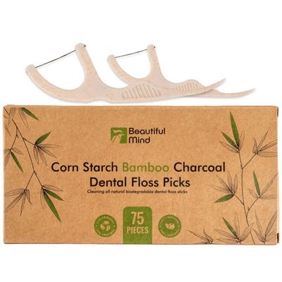 Natural Dental Floss Picks 75 Pack  Organic Biodegradable Floss Sticks with Strong Bamboo Charcoal Thread & Vegan Cornstarch Handle  No Plastics, No Artificial Flavours - Kraft Paper Box