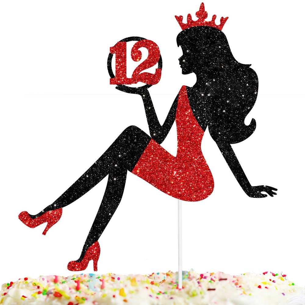 12 Red & Black Sitting Girl Silhouette Cake Topper Decorations with Glamour for Lady 12 Birthday Theme Queen Sexy Party Decor Supplies