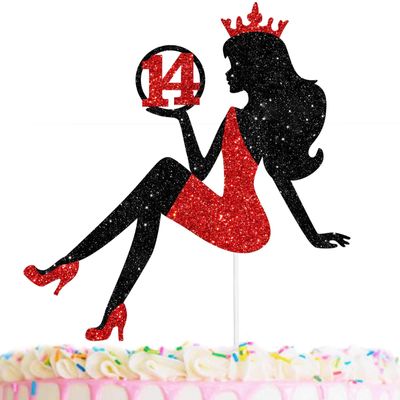 14 Red & Black Sitting Girl Silhouette Cake Topper Decorations with Glamour for Lady 14 Birthday Theme Queen Sexy Party Decor Supplies