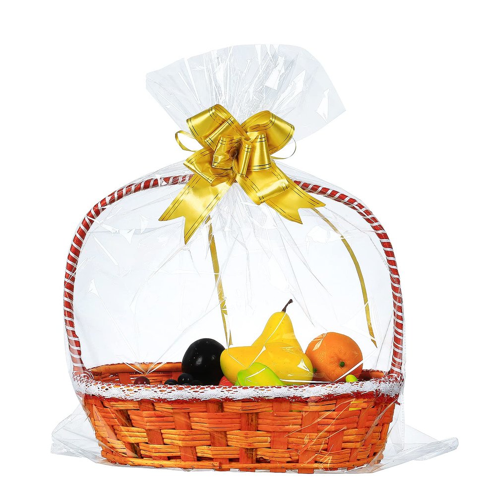 100-pack Large Cellophane Bags 24 x 30 Inches Clear Cellophane Basket Gift Bags Extra-large 2.3 Mil Transparent Cello Bags for Fruit Basket, Gift Wrap, Treats, Arts and Crafts, 100ct Ribbon Bows Yellow