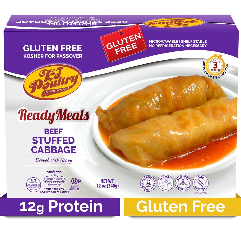 KJ Poultry Kosher for Passover Gluten Free Meals, Beef Stuffed Cabbage Rolls in Gravy (1 Pack) Prepared Entree Fully Cooked, Shelf Stable Microwave Dinner, Travel Military Camping