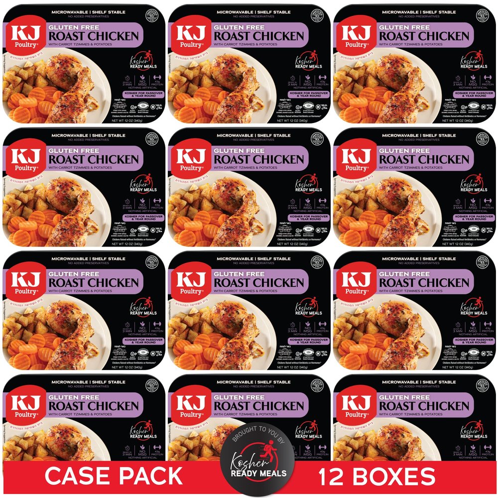 KJ Poultry Kosher for Passover Gluten Free Meals, Roast Chicken with Potato & Carrots, Halal, (12 Pack) Prepared Entree Fully Cooked, Shelf Stable Microwave Dinner, Travel Military Camping