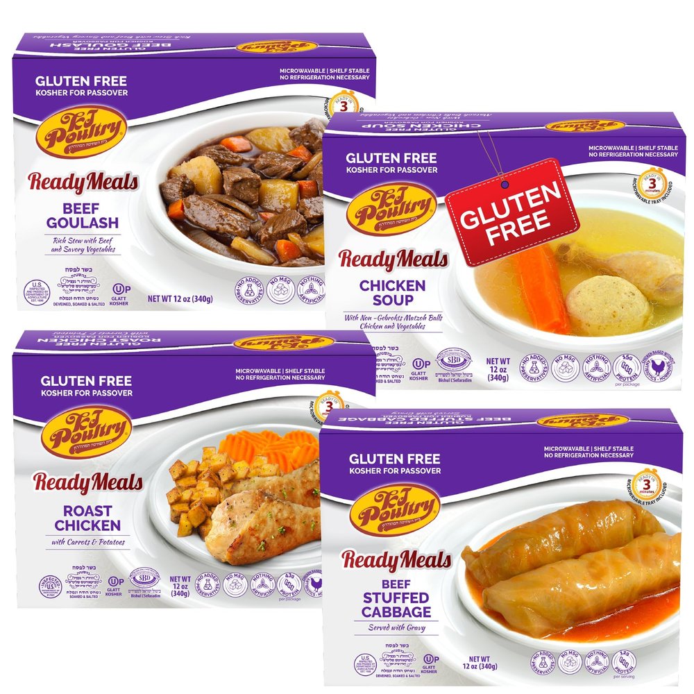 KJ Poultry Kosher for Passover Gluten Free Meals, Matzo Ball Chicken Soup + Beef Goulash + Roast Chicken + Stuffed Cabbage (4 Pack Variety) Prepared Entree Fully Cooked, Shelf Stable Microwave Dinner