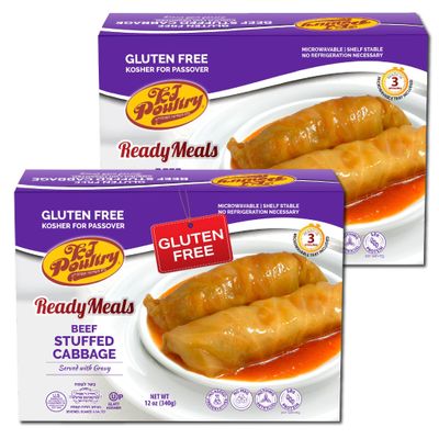 KJ Poultry Kosher for Passover Gluten Free Meals, Beef Stuffed Cabbage Rolls in Gravy (2 Pack) Prepared Entree Fully Cooked, Shelf Stable Microwave Dinner, Travel Military Camping