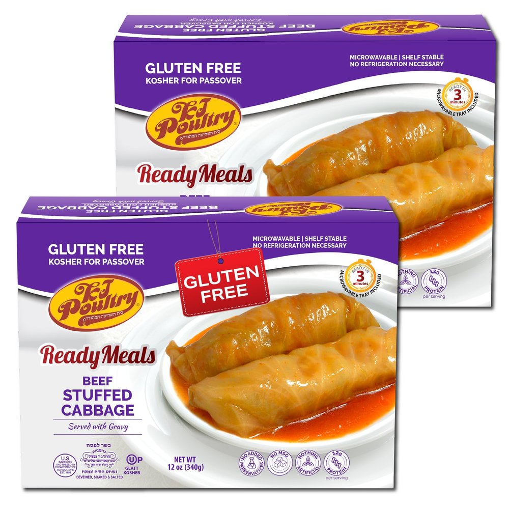 KJ Poultry Kosher for Passover Gluten Free Meals, Beef Stuffed Cabbage Rolls in Gravy (2 Pack) Prepared Entree Fully Cooked, Shelf Stable Microwave Dinner, Travel Military Camping