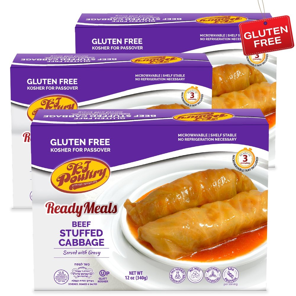 KJ Poultry Kosher for Passover Gluten Free Meals, Beef Stuffed Cabbage Rolls in Gravy (3 Pack) Prepared Entree Fully Cooked, Shelf Stable Microwave Dinner, Travel Military Camping