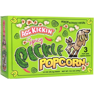 ASS KICKIN' Spicy Pickle Microwave Popcorn Bags - 3 Packs - Ultimate Spicy Pickle Gourmet Popcorn Gift - Makes a Great Movie Theater Popcorn or Snack Food for Movie Night (3)