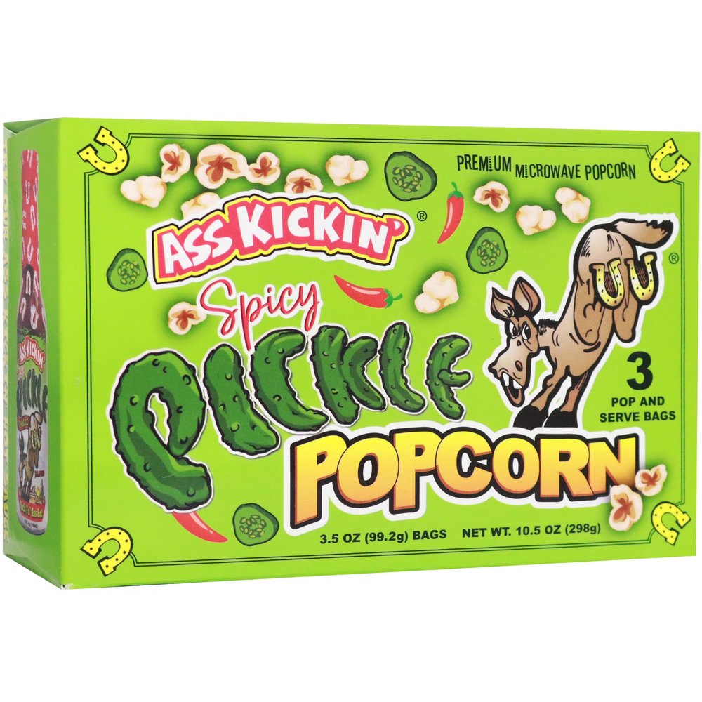 ASS KICKIN' Spicy Pickle Microwave Popcorn Bags - 3 Packs - Ultimate Spicy Pickle Gourmet Popcorn Gift - Makes a Great Movie Theater Popcorn or Snack Food for Movie Night (3)