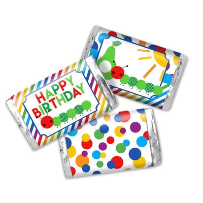 Happy Hungry Caterpillar Birthday Mini Chocolate Candy Bar Sticker Wrappers for Kids, 45 1.4" x 2.6" Wrap Around Labels by AmandaCreation, Great for Party Favors