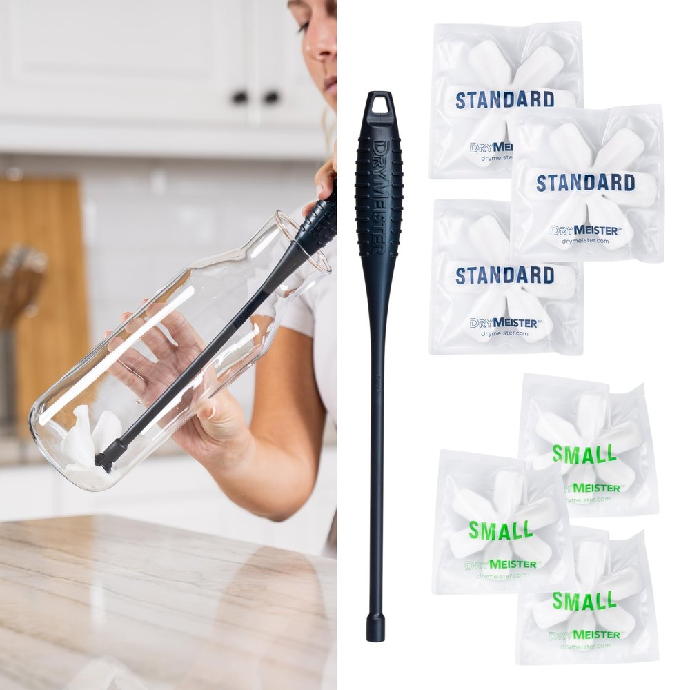 DryMeister Starter Kit - Drying Wand - Quickly Dries the Inside of Narrow Containers (>1.25") - Water Bottles, Carafes, Wine Glasses, Champagne Flutes, Water Bladders, Reusable Bags - Rack Alternative