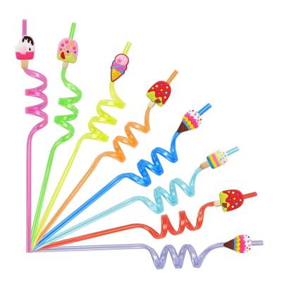 24pc Reusable Ice Cream Straws,Plastic Ice Cream Party Favors Popsicle Drinking Straws as Birthday Party Supplies Decorations for Goodie Gifts for People with 2 PCS Cleaning Brushes