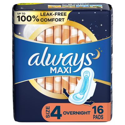 Always, Maxi Pads for Women, Size 4, Overnight Absorbency with Wings, 16 Count
