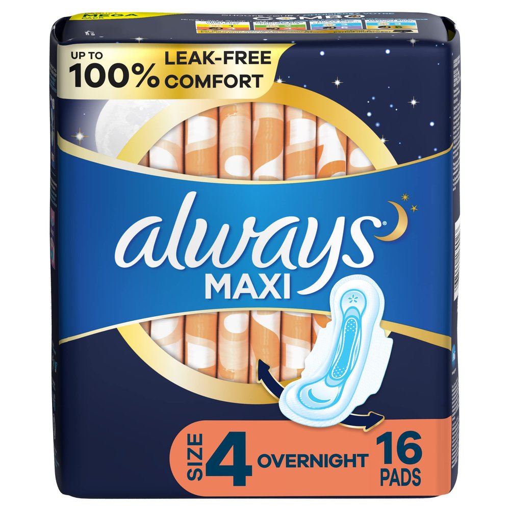 Always, Maxi Pads for Women, Size 4, Overnight Absorbency with Wings, 16 Count