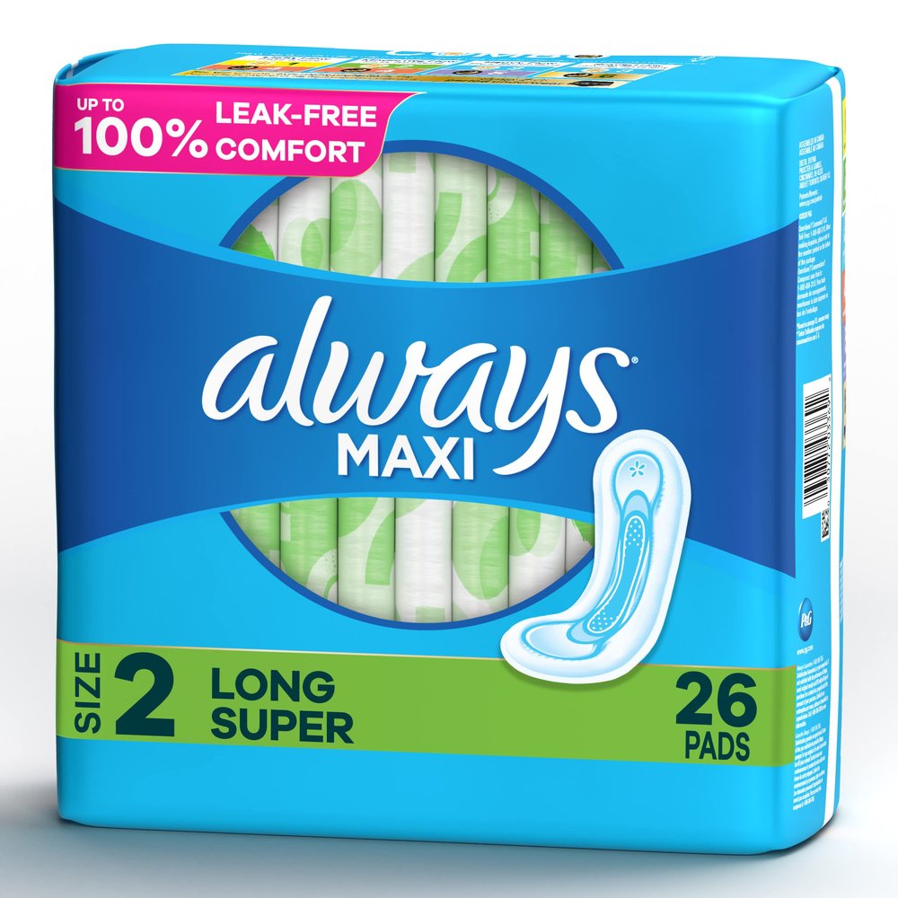 Always, Maxi Pads for Women, Size 2, Long Super Absorbency 26 Count