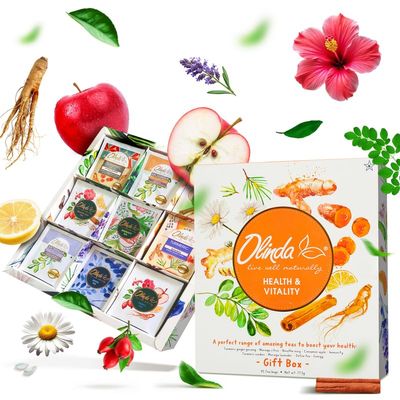 Olinda Health & Vitality Tea Gift Box Tea Samplers Tea Bags Low Caffeine Detox Energy Tea Natural Herbal Gift Set Premium 9 Variety Pack Individually Wrapped 45 Tea Bags 1 Tea Box Tea Gifts for Women