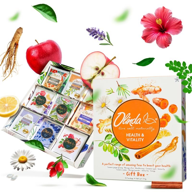 Olinda Health & Vitality Tea Gift Box Tea Samplers Tea Bags Low Caffeine Detox Energy Tea Natural Herbal Gift Set Premium 9 Variety Pack Individually Wrapped 45 Tea Bags 1 Tea Box Tea Gifts for Women