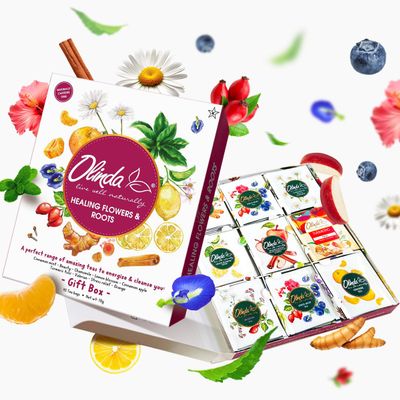 Olinda Healing Flowers & Roots Gift Box Natural Caffeine Free Tea Herbal Tea Bags Healthy Beauty Tea Wellness Stress Relief Tea Sampler Gift Set Premium 9 Vareity Individually Wrapped 45 Tea Bags 1 Tea Gift Box for Women