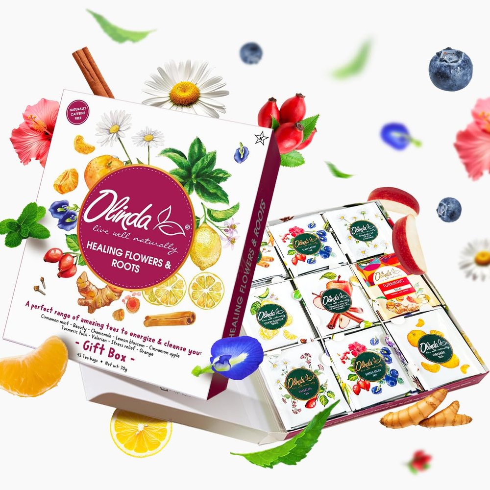 Olinda Healing Flowers & Roots Gift Box Natural Caffeine Free Tea Herbal Tea Bags Healthy Beauty Tea Wellness Stress Relief Tea Sampler Gift Set Premium 9 Vareity Individually Wrapped 45 Tea Bags 1 Tea Gift Box for Women