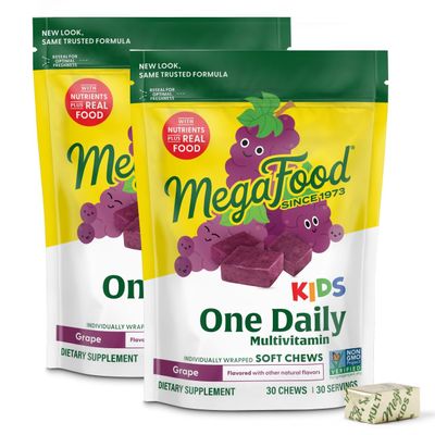 MegaFood One Daily Kids Vitamins Multivitamin Soft Chews - Vitamin B, C, D & E - Age 4+, Vegetarian, Made Without 9 Food Allergens - Grape Flavor 30 Chews (2 Pack)