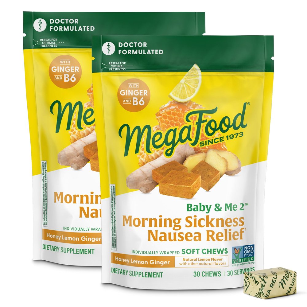MegaFood Baby & Me Prenatal Morning Sickness Relief, Ginger Chews, with Vitamin B6, Made Without 9 Food Allergens, Honey Lemon Ginger Flavor, 30 Chews (Pack of 2)
