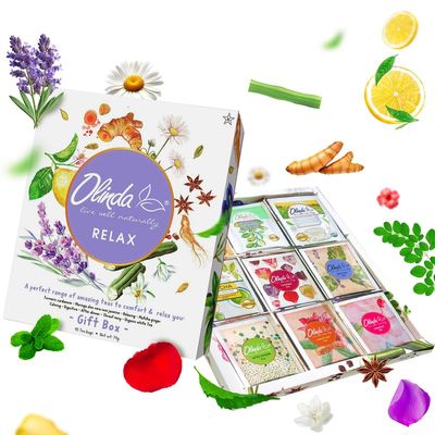 Olinda Relax Tea Sampler Herbal Gift Box 45 Count Assorted Wellness Tea Set 9 Calming Herbal Tea Bags Thoughtful Variety Pack for Stress Relief & Sleep Caffeine Free Birthday Gift for Women