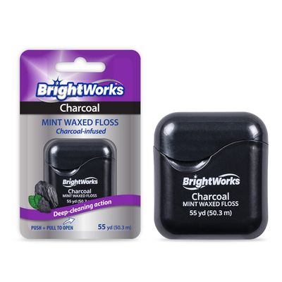BrightWorks Activated Charcoal Dental Floss - 55 Yards (Pack of 4) - Infused Waxed with Natural Fresh Mint Flavor for Oral Care, Dental Hygiene, and Gum Health