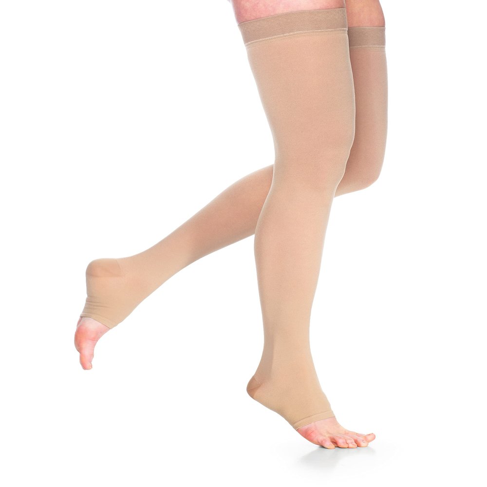 DYNAVEN by Sigvaris Women's Compression Thigh-Highs 20-30mmHg - Open Toe & Grip-Top Design for Enhanced Support - Extra Large Long - Light Beige
