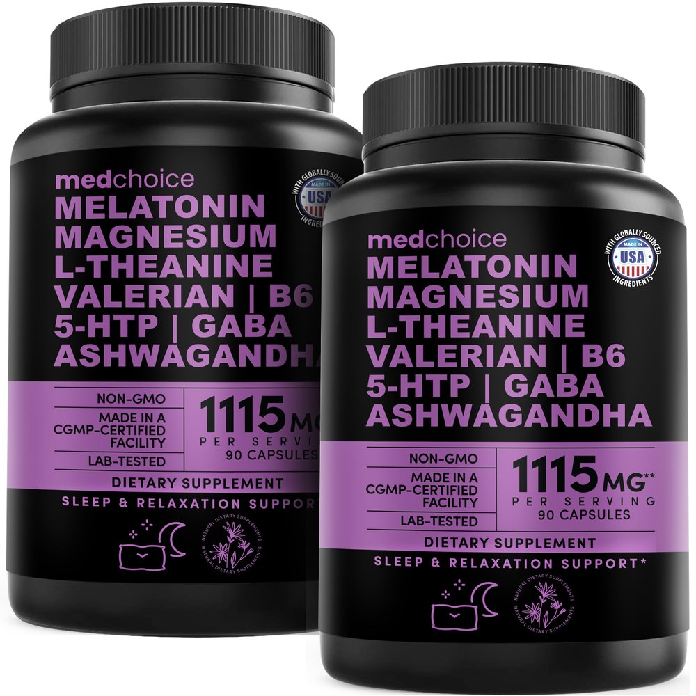 12-in-1 Melatonin Sleep Capsules - Natural Sleep Aids for Adults with Melatonin 5mg and Magnesium Glycinate 500mg, Sleep Aid with Ashwagandha, L Theanine, Valerian Root, GABA, 5-HTP (90ct, Pack of 2)