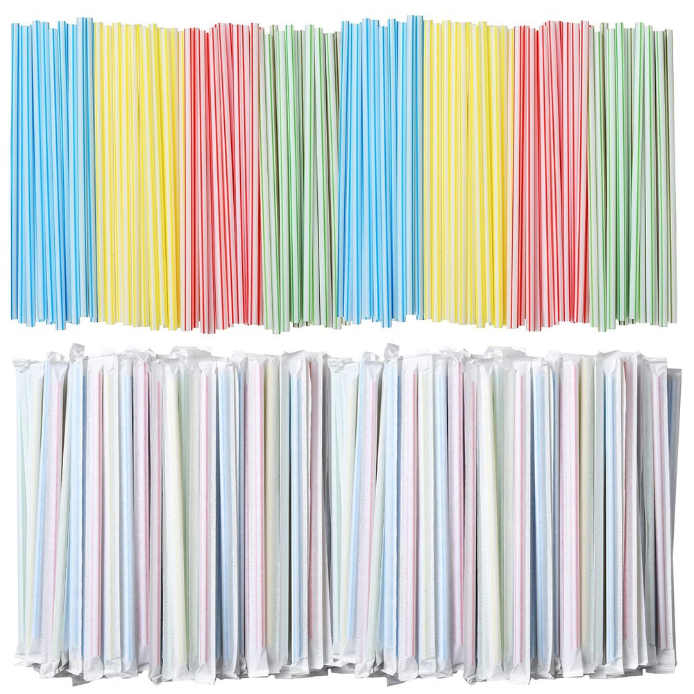 ALINK 1000 Counts Striped Plastic Disposable Drinking Straws, Individually Wrapped Straight Party Straws - 7.75" x 0.23"