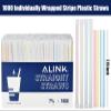 ALINK 1000 Counts Striped Plastic Disposable Drinking Straws, Individually Wrapped Straight Party Straws - 7.75" x 0.23" view 2