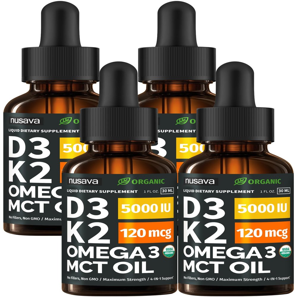 (4 Pack) Organic Vitamin D3 K2 Drops with MCT Oil Omega 3, 5000 IU - Maximum Strength Vitamin D Liquid, No Fillers, Non-GMO Liquid D3 for Faster Absorption and Immune Support, Unflavored, 4 Fl Oz