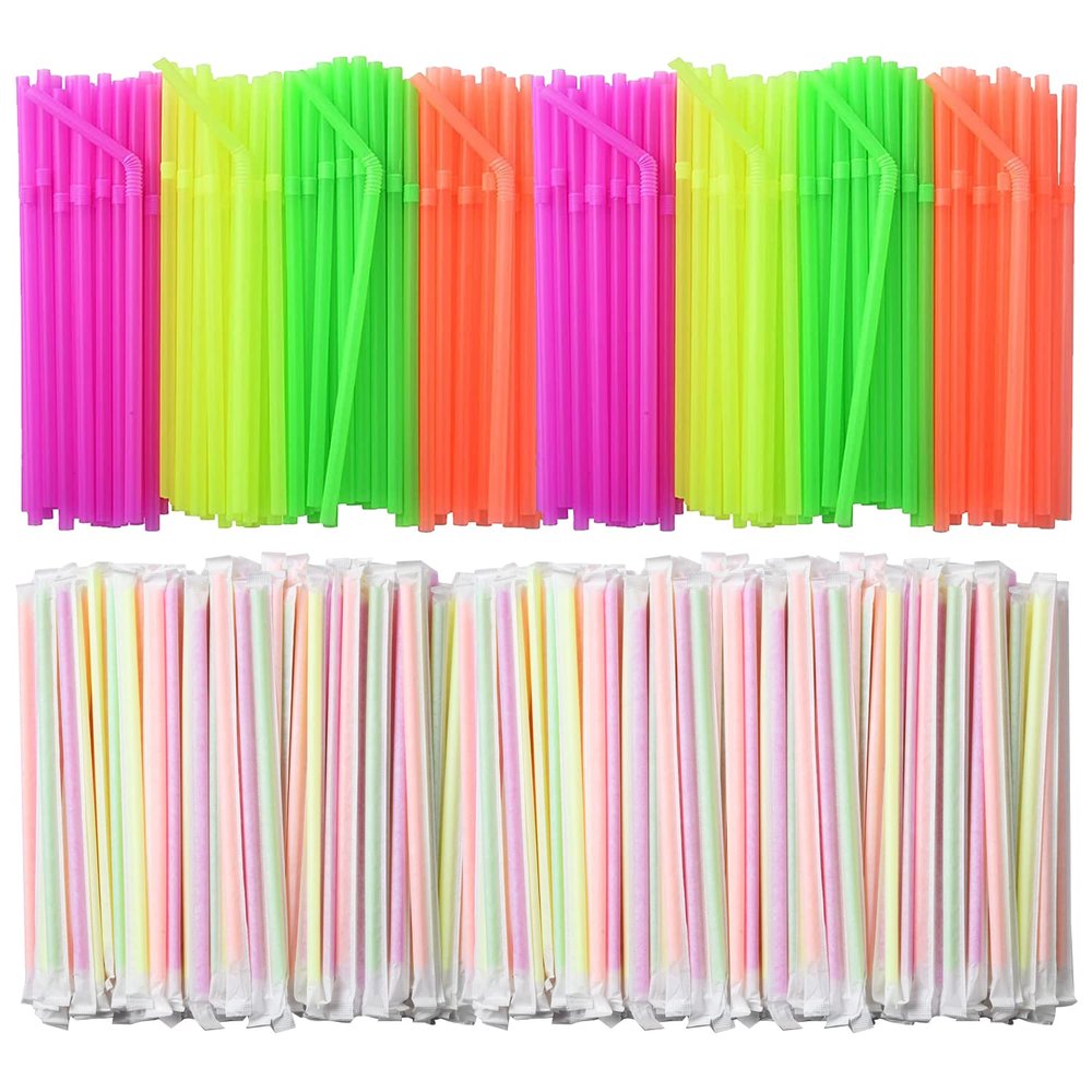 ALINK 1000 Count Neon Flexible Plastic Drinking Straws, Individually Wrapped, Disposable Bendy Straws - 7.75 in x 0.23 in