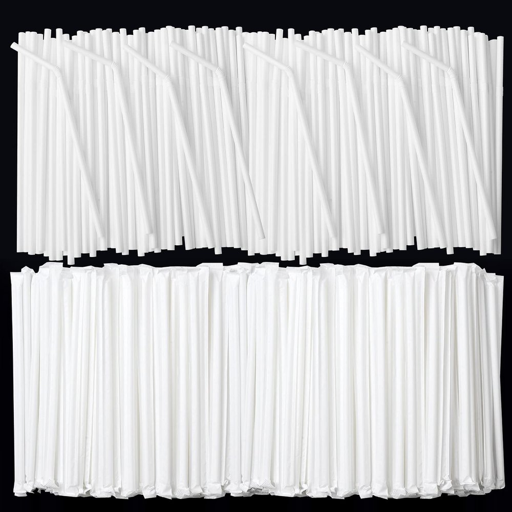 ALINK 1000 Count White Flexible Drinking Straws, Individually Wrapped Plastic Disposable Bendy Straws - 7.75" x 0.23"