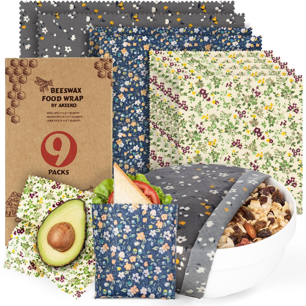 Akeeko Reusable Beeswax Food Wraps - Assorted 9 Packs, Eco-Friendly Reusable Wrap, Biodegradable, Zero Waste, Organic Cloth, Sustainable, Plastic-Free Food Storage, 1Large, 3Medium, 5Small Sizes