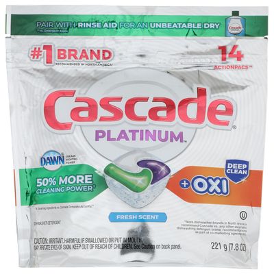 CASCADE Platinum ActionPacs + Oxi, Dishwasher Detergent, Fresh Scent, 14 Ct